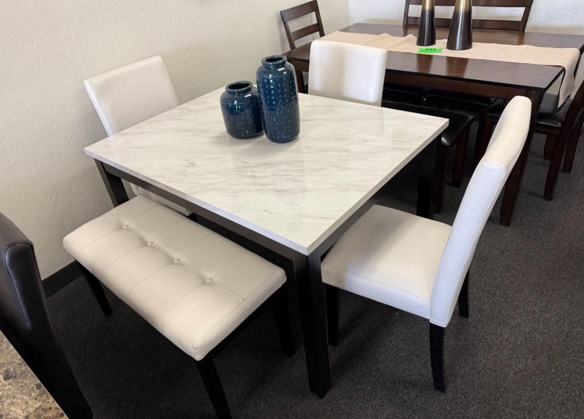 Small White Faux Marble Dining Set