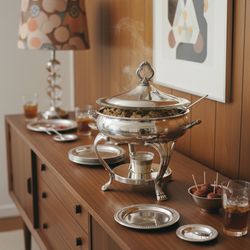 F.B. Rogers 1960s Silver Plate Chafing Dish Food Warmer With Fire-King Insert