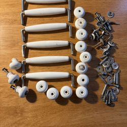 6 Vintage White Drawer Cabinet Handles/Porcelain Nickel/14 Knobs