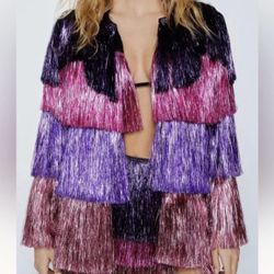 Metallic Tiered Fringe Open Front Jacket