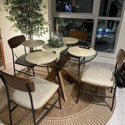 Dining Table Set - 4ft Glass Table, 4 Chairs, Rug