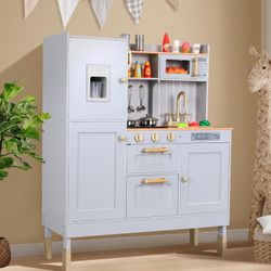 Play Kitchen for Kids, Pretend Preschool Kitchen Sets, Wooden Cooking Playset w/Realistic Light & Sound, Telephone, Stove, Fridge, Microwave, Removabl