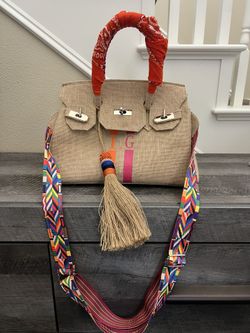Stylish Tan Satchel With Colorful Strap
