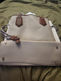 Beige Pebbled Tote Bag with Brown Trim