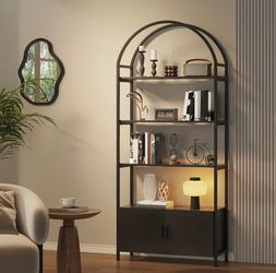 Arched Bookshelf with Cabinet Doors – 71" Tall | Black Metal & Wood