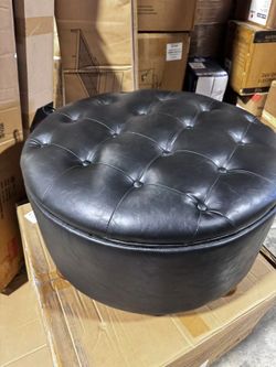 30Inch Round Storage Ottoman with Tray, Modern Tufted Leather Circle Coffee Table with Storage