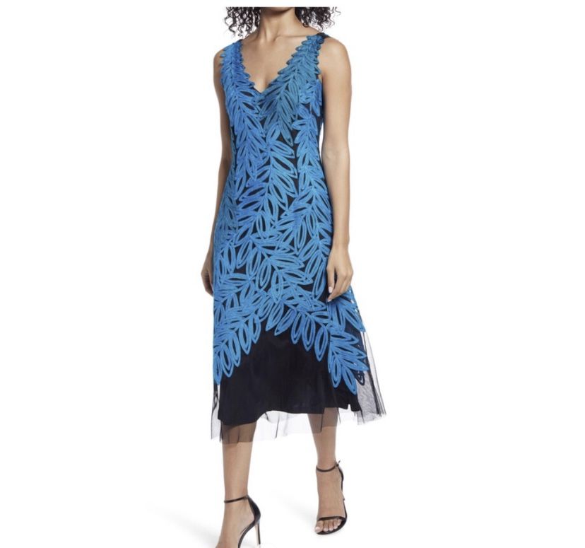 JS COLLECTIONS Black/Blue Vine Embroidered V Neck Sleeveless Midi Dress Size 4