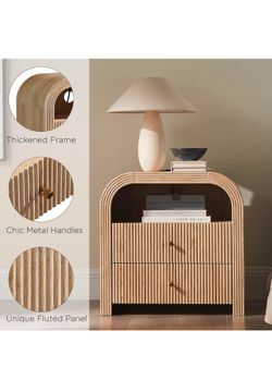 T4TREAM Fluted Nightstand with Charging Station, 24" Large 2 Drawers Bedside Table, Modern End Table with Storage Night Stand for Bedroom, Living Room