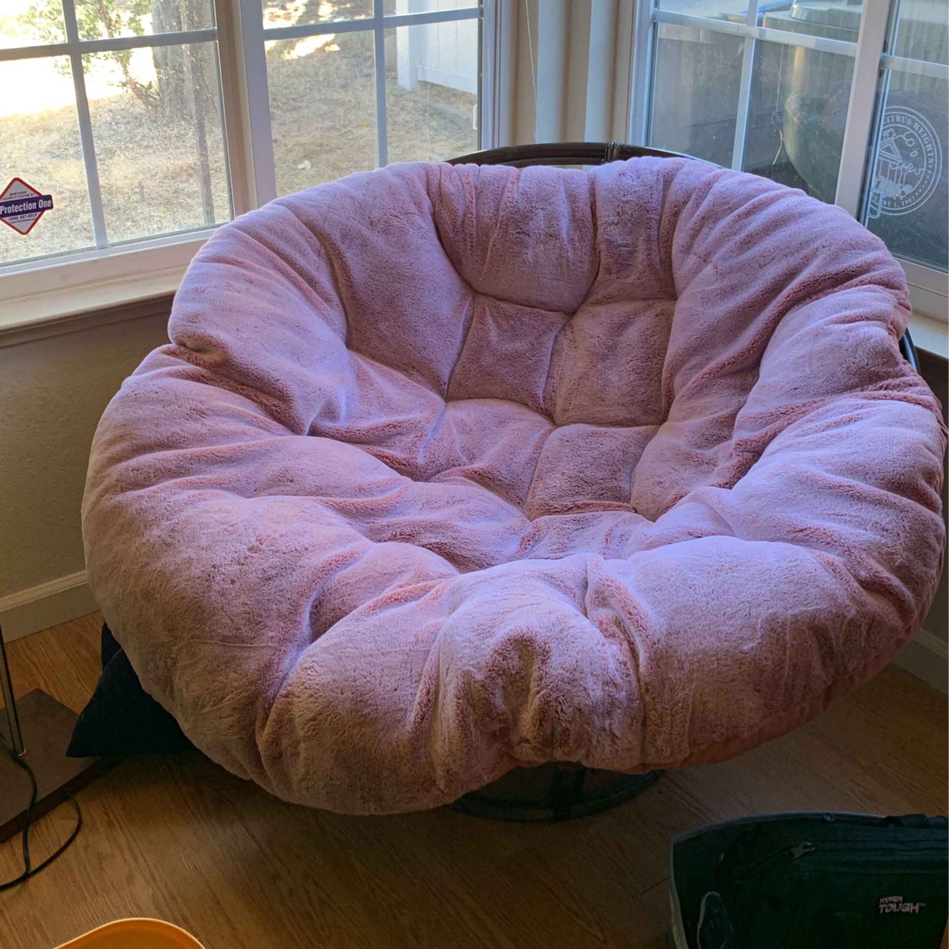 Rattan Papasan Chair and Pink Faux Fur Cushion