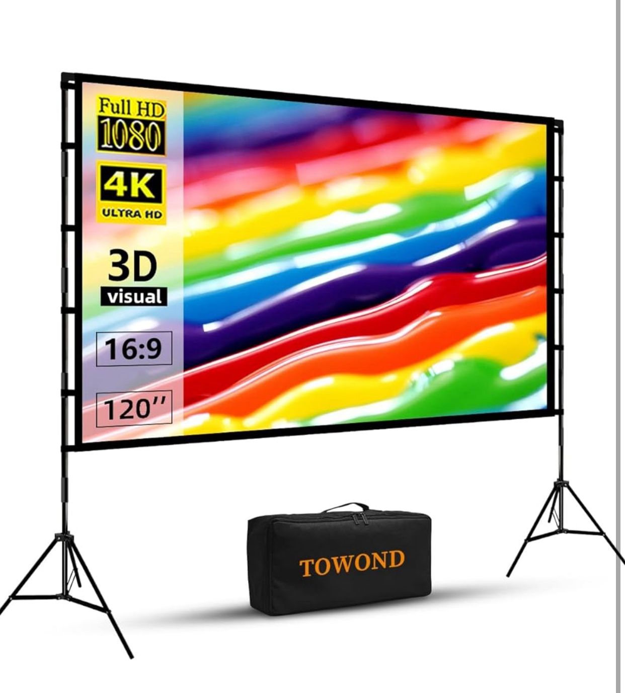 Projector Screen and Stand, Towond 120 inch Portable Projector Screen Indoor Outdoor Movie Screen 16:9 4K HD Wrinkle-Free Lightweight Projection Scree