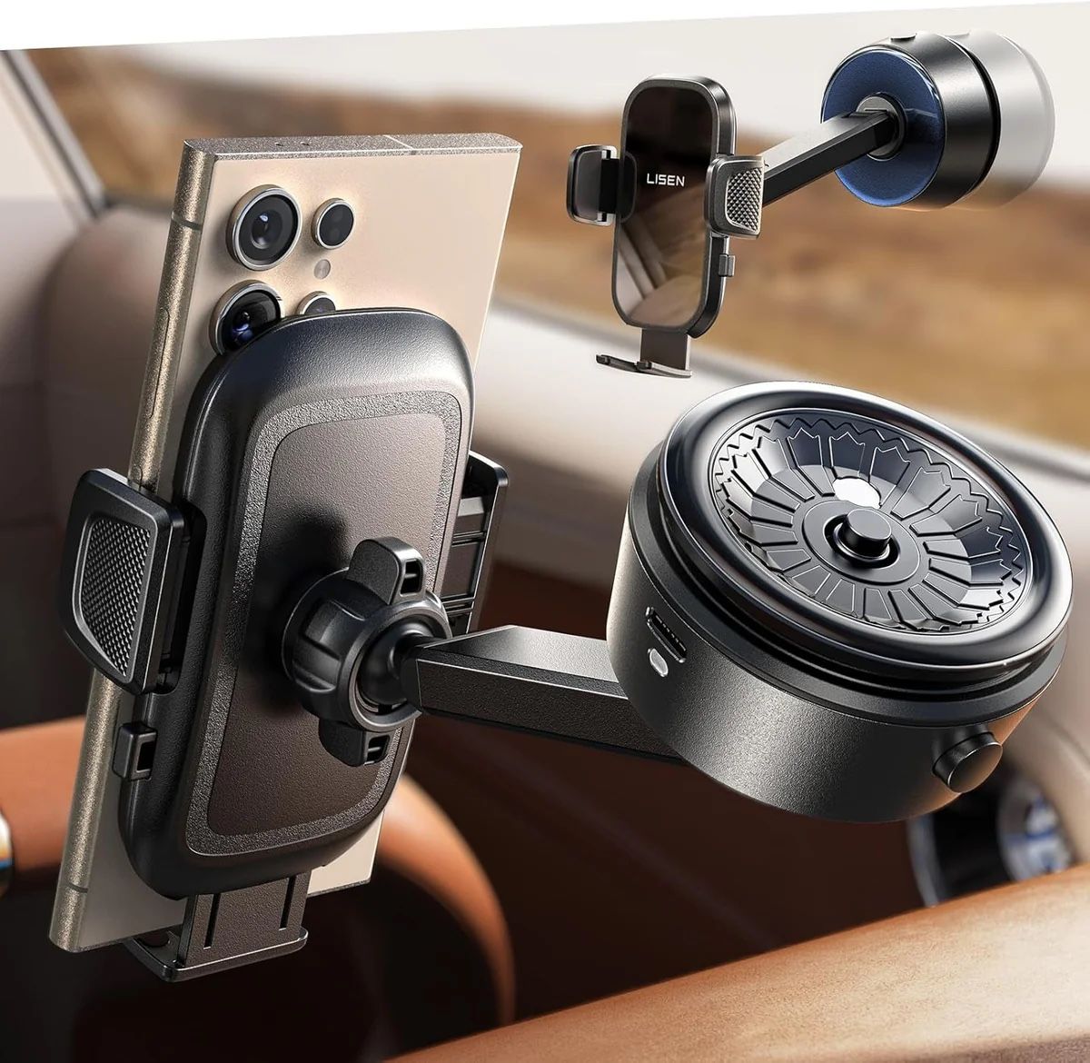 LISEN Electric Retractable Car Phone Mount, iPhone Vacuum Electric Suction Cup Phone Mount, Suction Cup Magnetic Phone Holder, only for Mirror, for iP