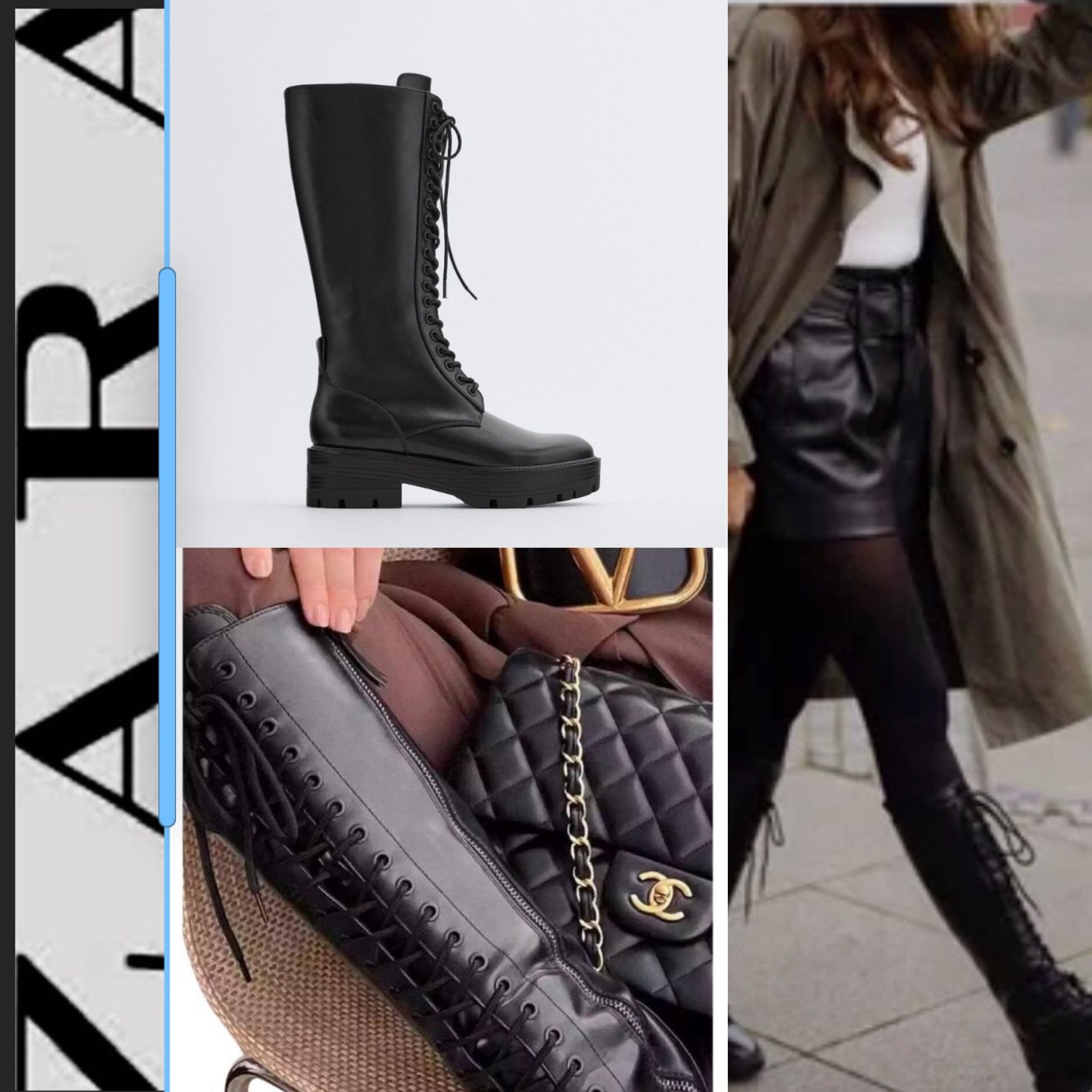 ZARA Military blogger favorite BLACK Knee High Block Heels Lace up Combat Boots