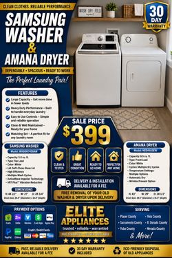 Samsung Washer + Amana Dryer Set — $399