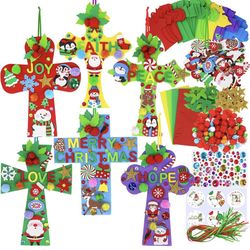 24 Sets Christmas Craft Kits DIY Christmas Cross Ornaments Decorations Art Sets Snowman Snowflake Christmas Foam Stickers Arts and Crafts for Kids Par