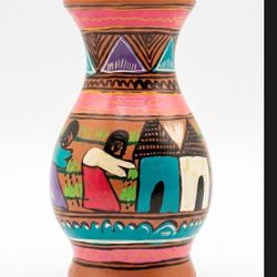 Rare Vintage Colorful Guerrero Folk Art Mexican Redware Pottery Hand Made 6 in Vase Beautiful!