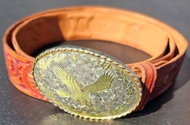 Western Cowboy Silver Buckle with Gold Soaring Eagle & Leather Belt (size estimate Men's 36 to 44, you can always alter to much smaller size