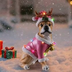 Bulldog Resin Statue in Pink Santa Outfit & LED Lights  Outdoor Christmas Decor