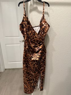 Leopard Print Satin Mini Dress-Large