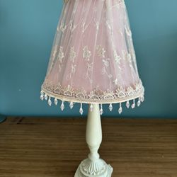 Table Lamp Pink Lace Shade with Beaded Trim – Excellent Condition