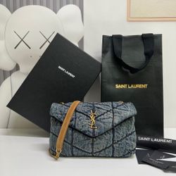 SAINT LAURENT Denim Quilted Small Loulou Puffer Monogram Chain Satchel Rodeo Blue 23x5.5x8.5cm