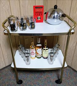 Mid Century Vintage COSCO 2 Tier Rolling Bar Cart Kitchen Serving Trolley White & Gold