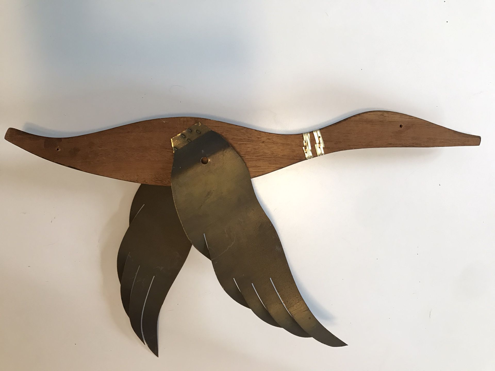 VTG MCM Teak Wood Flying Duck Goose w Brass Metal Wings Wall Hanging Decor 20.5"