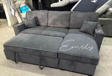 Beautiful! 2-Pc Gray Corduroy Sectional Sofa With Pull-out Bed, Storage, And USB Port