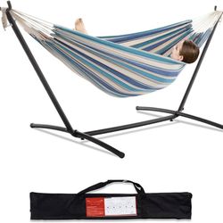 Double Hammocks with Stand for Outside, Portable Space Saving Heavy-Duty Steel Stand for Indoor Outdoor Patio with Carrying Bag, 450 lbs Capacity (Lig
