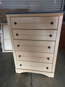 Blonde Wooden 5 Drawer Dresser with a Teal Top 34 1/4 “ wide 17” deep 50 1/2” tall Pick up in Gibsonia