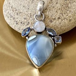 Owyhee Opal, Rainbow Moonstone And Blue Topaz 925 Sterling Silver Overlay Pendant