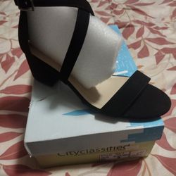 Black Strap Low Wedge Heel