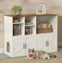 Litter Box Enclosure for 2 Cats, Hidden Litter Box Furniture with Storage Cabinet, Double Room, Farmhouse Indoor Cat House Washroom, Honey Brown and R