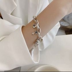 925 Silver Bear Key CZ Disc Charm Bracelet 