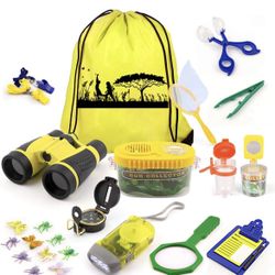 Kids Explorer Kit, 32 PCS Outdoor Adventure Camping Kit & Bug Catcher Kit with Drawstring Bag, Binoculars, Compass, Butterfly Net, Educational Nature 