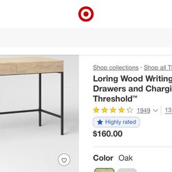 Loring Wood Writing Desk with Drawers and Charging Station