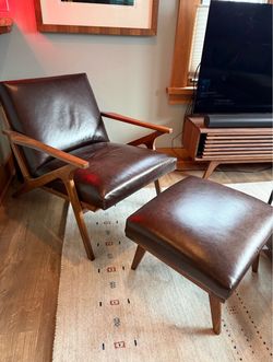 Crate & Barrel Cavett Mid Century Accent Chair + Ottoman