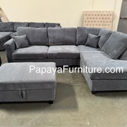 NEW Dark Grey Fabric Sectional Sofa and Chaise Lounge Set with FREE STORAGE OTTOMAN Ashley Style Discount BIG Modern Couch Clearance SALE Many Color
