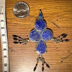 Vintage Afghani .900 Silver Tribal Natural Untreated Lapiz Lazuli Stone and Glass Bead Pendant 