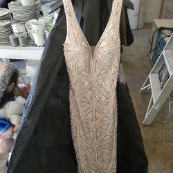 Mermaid Prom Sweet Sixteen Nude Rhinestones Pearls Dress Open Back Deep V Neck Strap Dress New Size 6