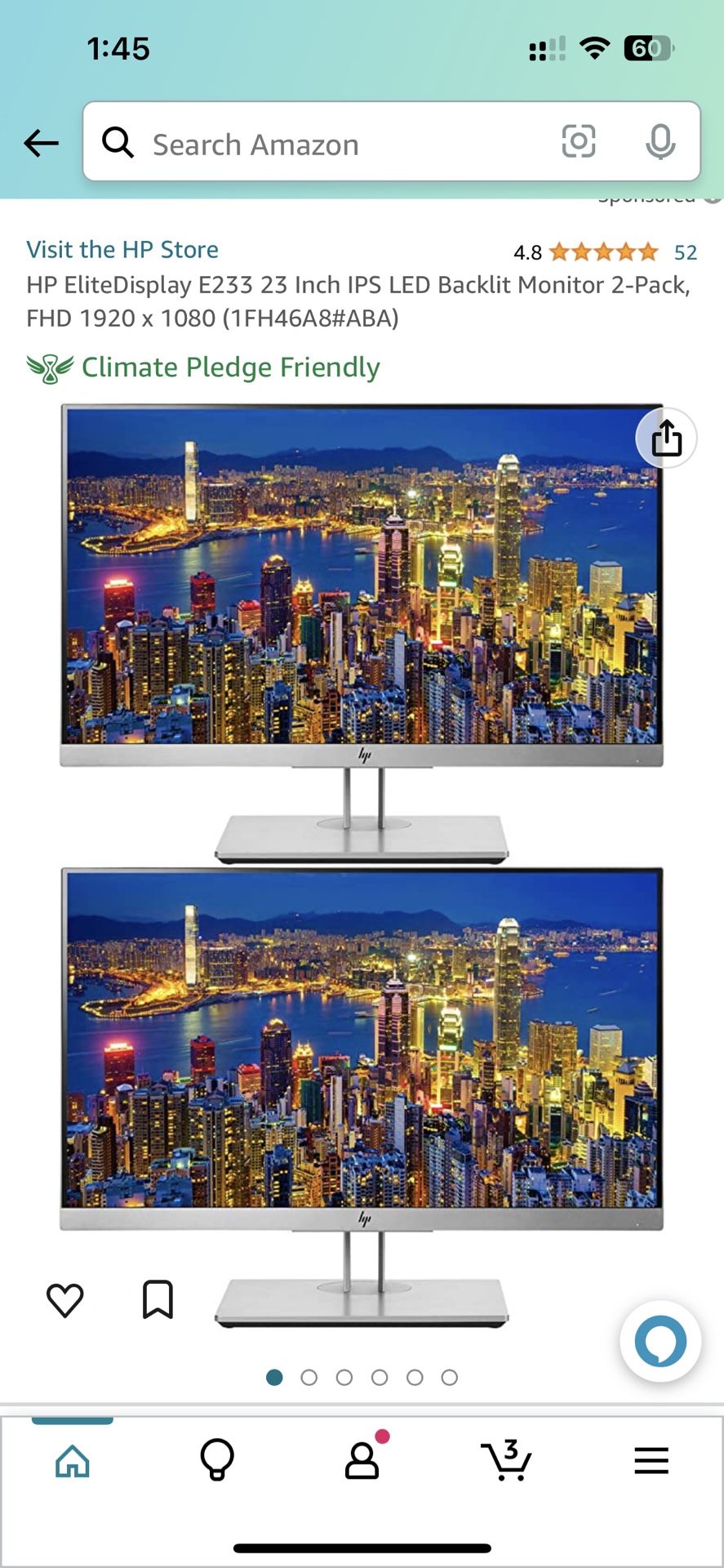 HP EliteDisplay E233 23 Inch IPS LED Backlit Monitor 2-Pack, FHD 1920 x 1080 (1FH46A8#ABA)