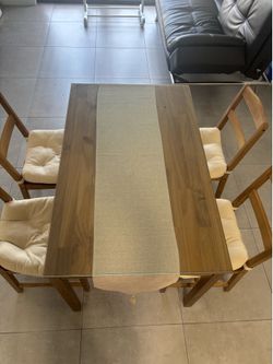 Wooden Dining Table Set (Table, 4 Chairs & Custom Glass Top)