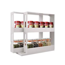 2 Tier Spice Rack, Multifunctional Rotating Cupboard Organizer Swivel Storage Shelf, Pull Out Kitchen Cabinet Organiser Seasoning Spice Jar Rack Stora