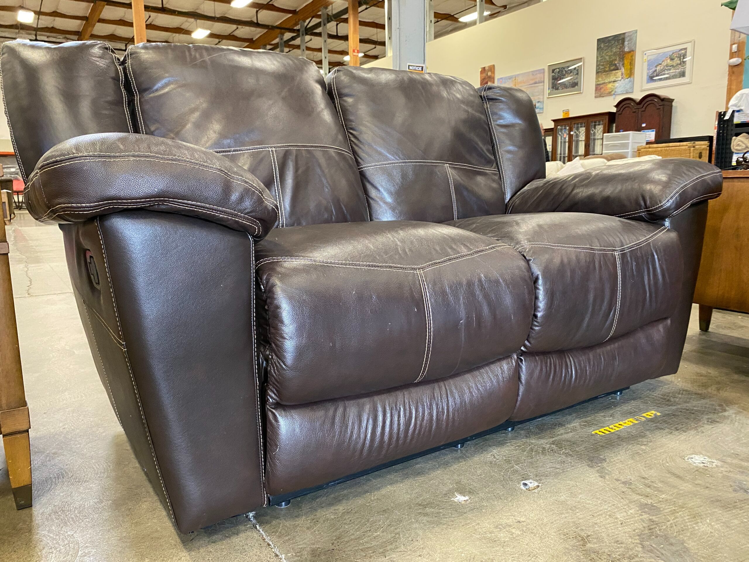 Brown Leather with Contrast Stitch Manual Push Recliner Loveseat