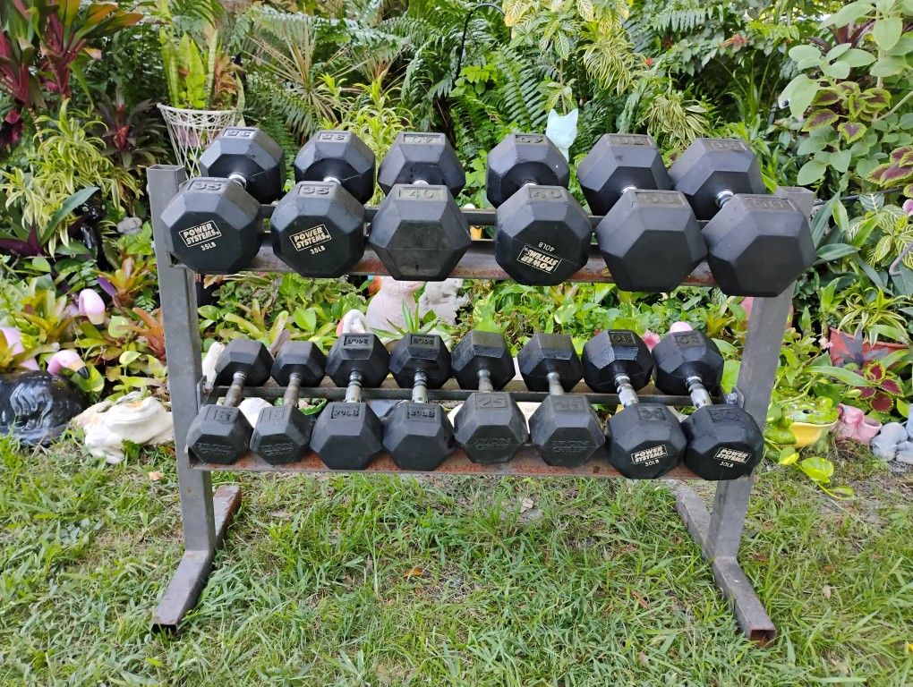 SET OF USED RUBBER HEX DUMBBELLS & 2 TIER RACK (PAIRS OF) : 15s 20s 25s 30s 35s 40s 50s