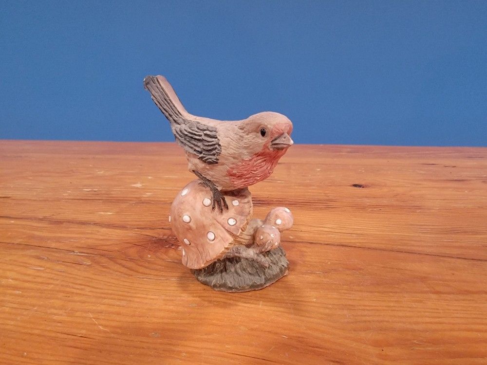 Vintage Hand Painted Porcelain Bird Figurine On Mushrooms