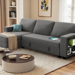 New Heavy Duty L-Shaped Sofa Bed Futon Convertible Sectional Sofa for Living Room with Pull Out Bed, Storage Chaise Lounge and 2 Built-in Bookshelves,