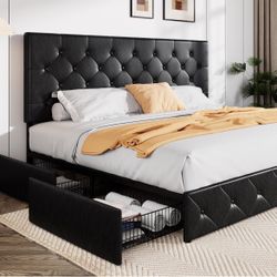 King Size Bed Frame With 4 Storage Drawers 
