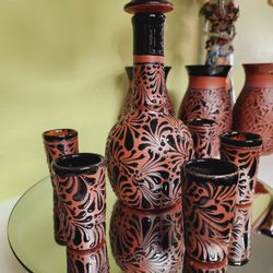 Talavera Tequila set, decanter with 6 shot glasses🇲🇽✨️En Casa Barajas Clay Pots & Pottery #1, En Cypress Ca. 