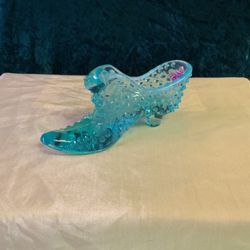 FENTON AQUA BLUE HOBNAIL OPALESCENT GLASS SHOE WITH CAT’S HEAD