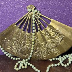 1 Vintage Solid Brass Oriental Style Hand Fan Raised Phoenix Dragon